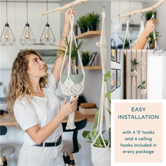 Theory 4-Pack Macrame Plant Hanger - with 8 Ceiling Hooks - Hanging Planter - Picture 6 of 7